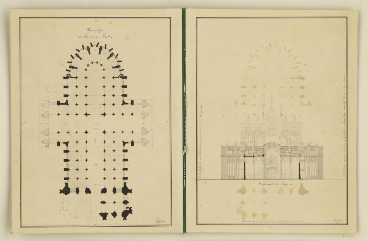 Skizze zum teilweisen Umbau der Domkirche zu Köln, Grundriss, Schnitt