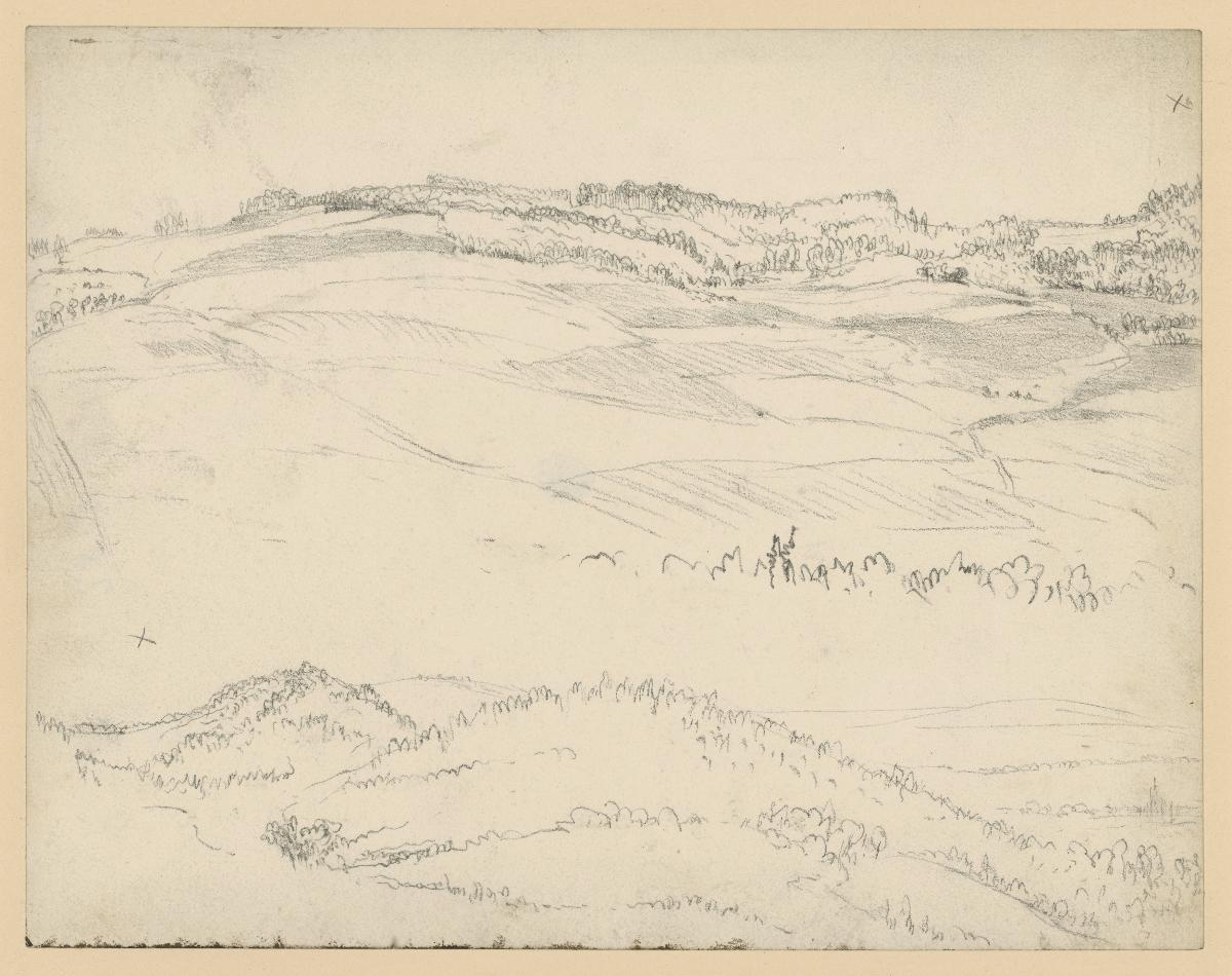 Hügelkette mit Feldern und Wald, in zwei Abschnitten gezeichnet