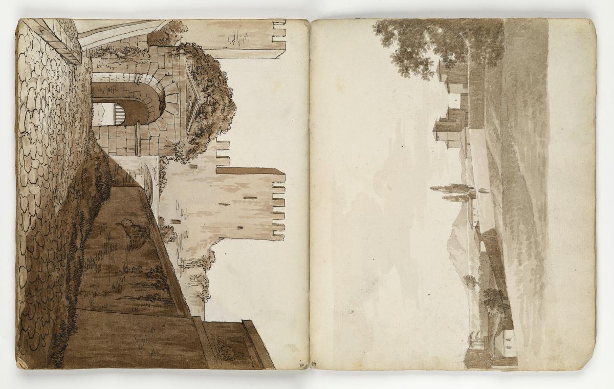 Stadttor mit Zinnen (S. 88) und Landschaft mit Gebäuden (S. 89)
