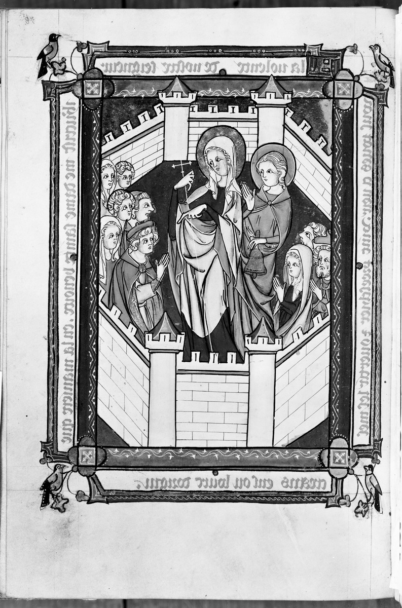 Vie de Sainte Benoîte d'Origny. Die Hl. Benedikta predigt innerhalb von Stadtmauern