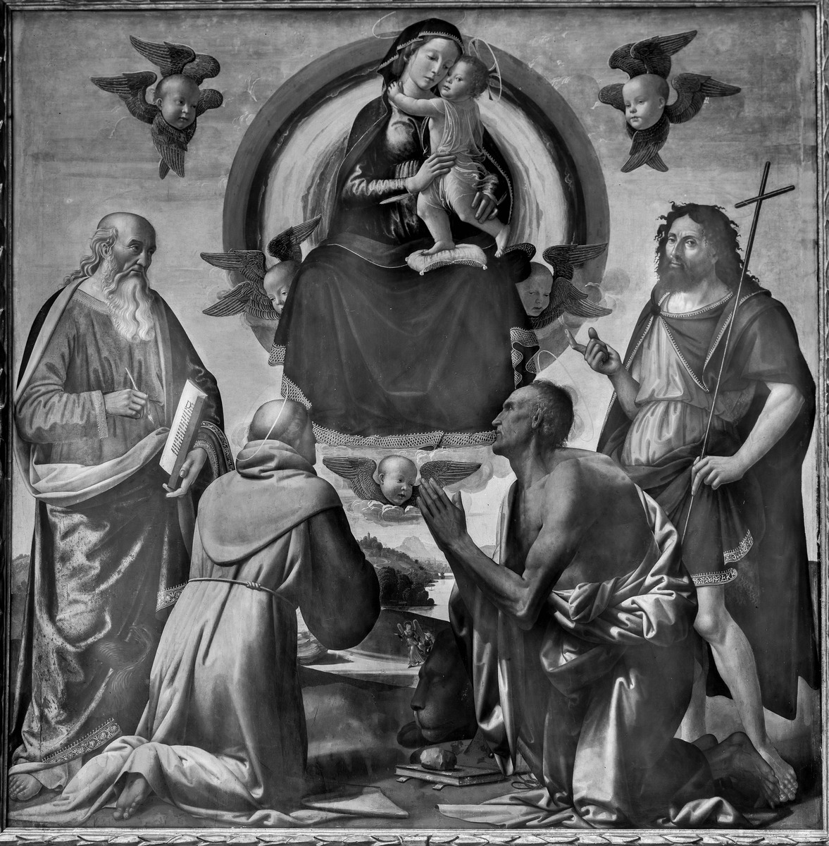 Maria mit dem Kind in der Glorie von vier Heiligen verehrt
