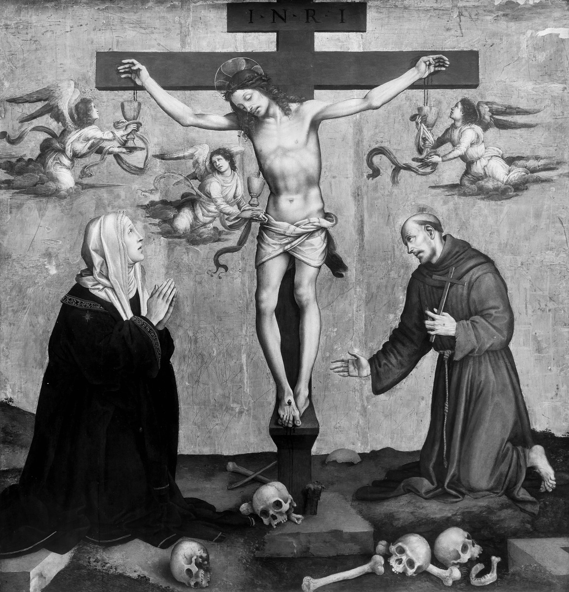Christus am Kreuz, von Maria und dem heiligen Franziskus verehrt