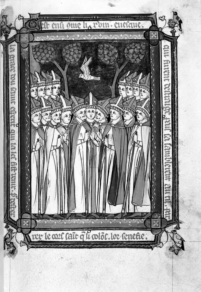 Vie de Sainte Benoîte d'Origny. Die achtzehn französischen Bischöfe versammeln sich auf Geheiß des Heiligen Geistes, der als Taube über ihnen schwebt