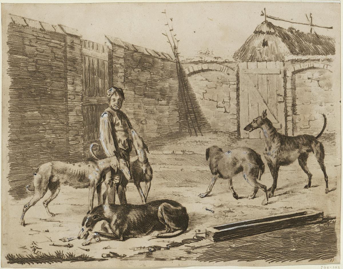 Hofraum, darin Junge mit Hunden