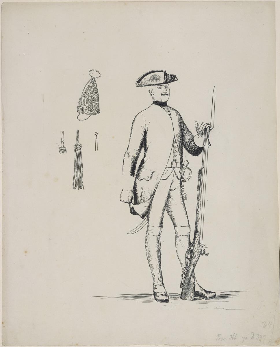 Musketier des zweiten Bataillons des Regiments Nr. 15 (1806 desgl.). in: Die Armee Friedrichs des Großen in ihrer Uniformierung