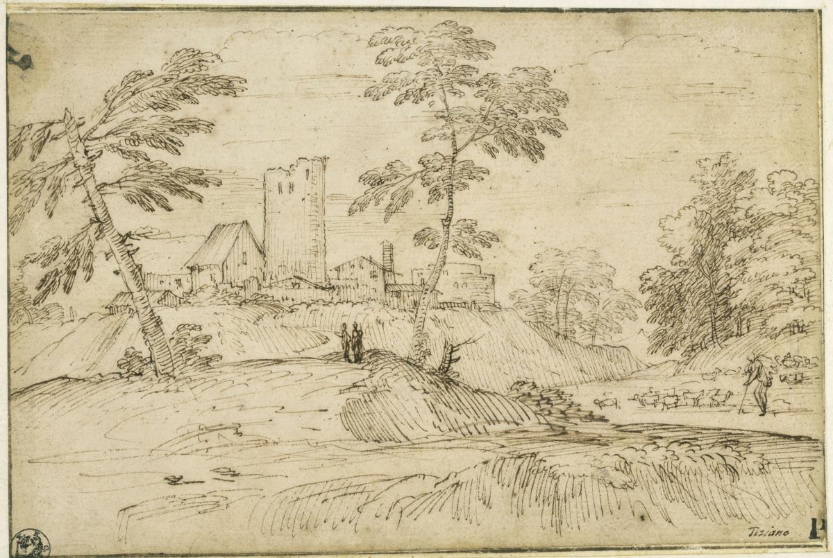 Landschaft mit Hirte, Schafherde, Dorf und Turmruine