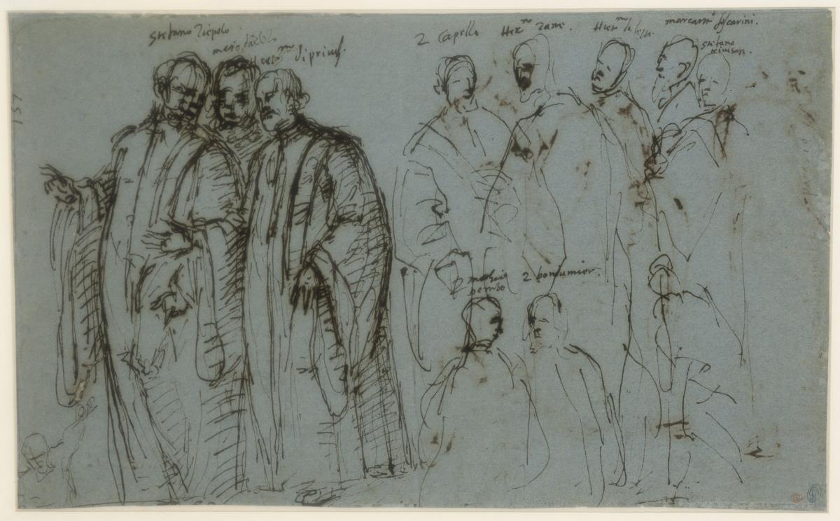 Skizze zu einem Gruppenbild venezianischer Senatoren (Stefano Tiepolo im Gespräch mit Matio Dandolo und Girolamo Priuli), Entwurf für ein Gemälde in der Sala del Collegio des Dogenpalastes