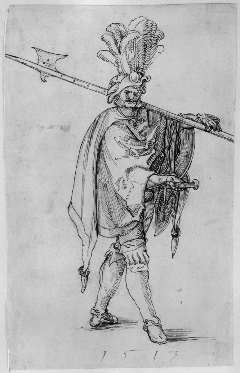 Ein nach rechts schreitender Landsknecht, mit der Hellebarde auf der linken Schulter, die Rechte am Schwertgriff