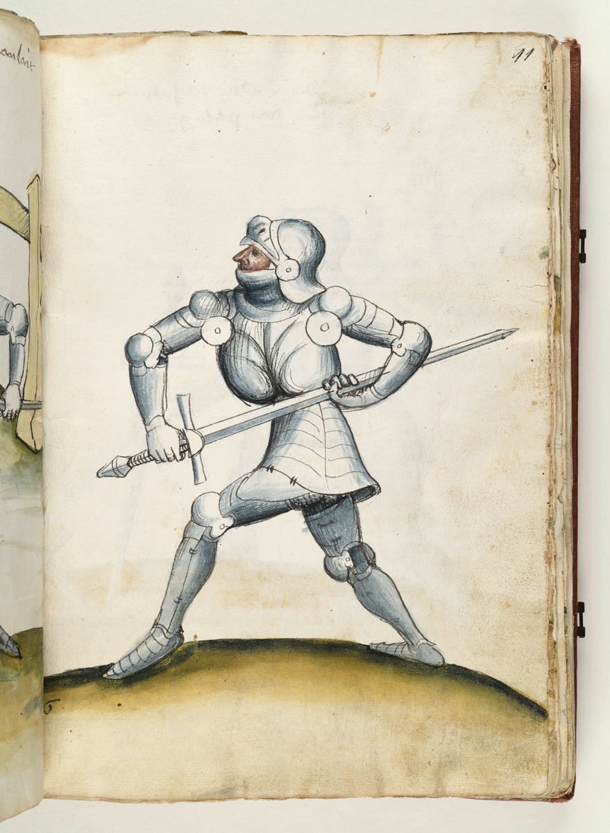Die beiden Ritter mit gezücktem Schwert einander gegenüber. Fecht- und Ringerbuch der Brüder vom Stain (nach Talhoffer)