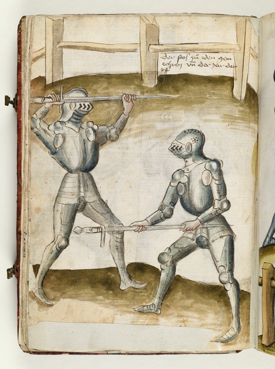 Der eine sucht den andern mit dem Schwertknauf zu Fall zu bringen, indem er ihn damit am Knie zieht. Fecht- und Ringerbuch der Brüder vom Stain (nach Talhoffer)
