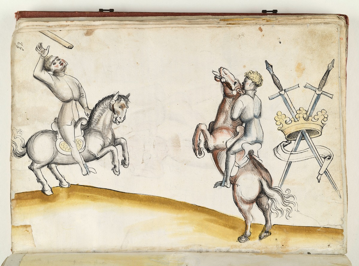 Zwei Jünglinge ohne Helm, zu Pferd einander gegenüber. Der linke hat einen Speer in die Luft geworfen. Das Pferd des rechten bäumt sich. Fecht- und Ringerbuch der Brüder vom Stain (nach Talhoffer)