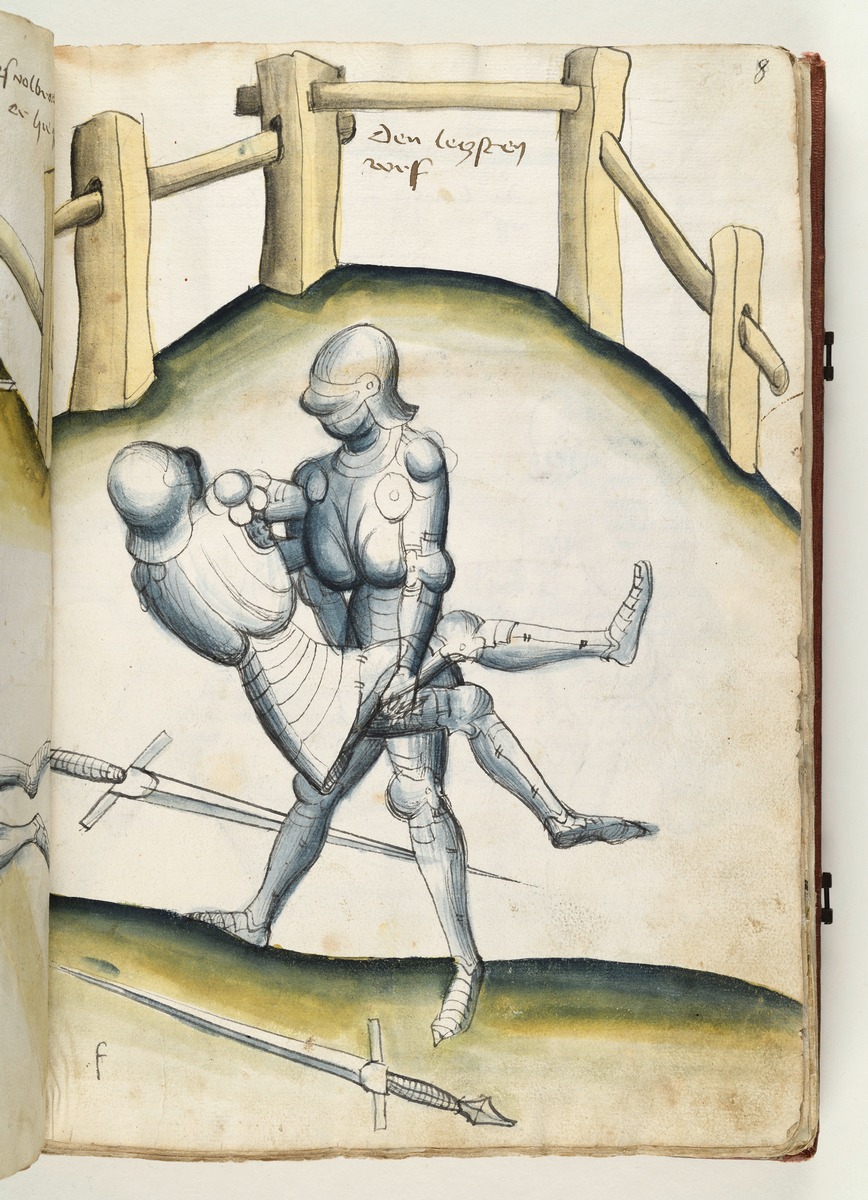 Der eine wirft den andern nieder, die Schwerter liegen am Boden. Fecht- und Ringerbuch der Brüder vom Stain (nach Talhoffer)