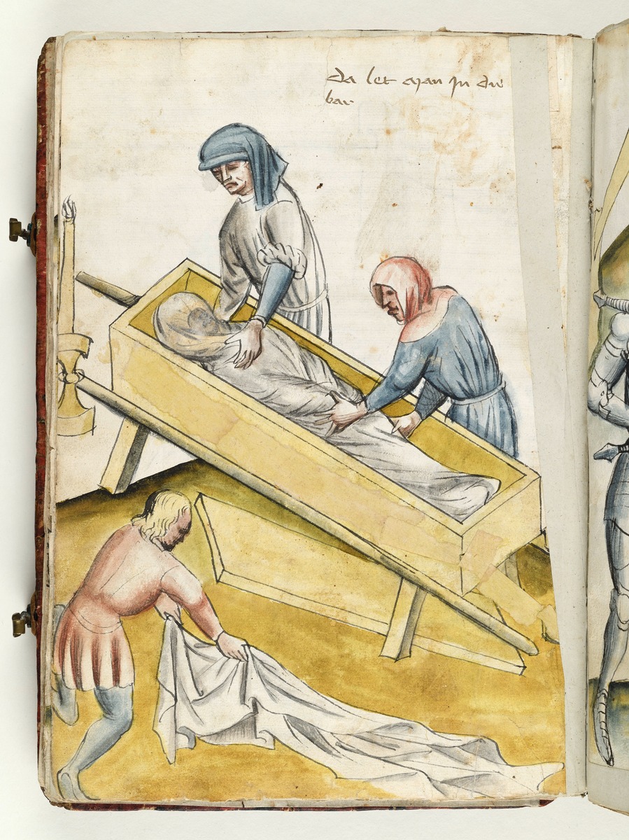 Der Gefallene wird in die Bahre gelegt. Fecht- und Ringerbuch der Brüder vom Stain (nach Talhoffer)