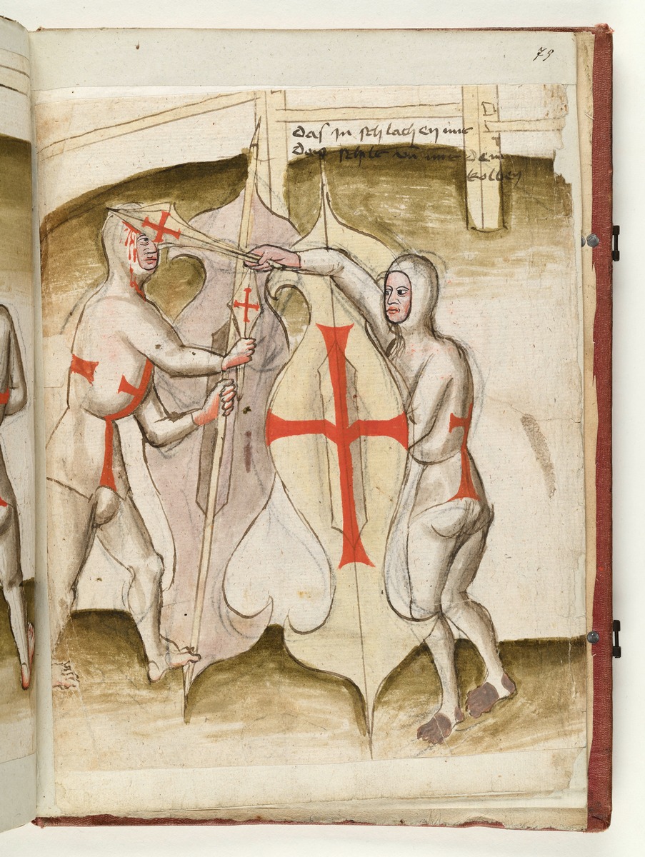 Der eine trifft den andern mit der Keule an die Stirne. Fecht- und Ringerbuch der Brüder vom Stain (nach Talhoffer)