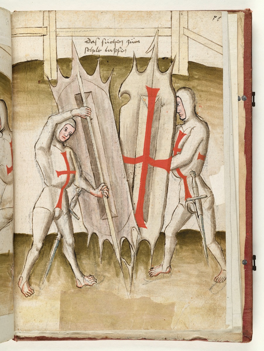 Beide umkreisen sich und suchen sich gegenseitig den Schild wegzustemmen. Fecht- und Ringerbuch der Brüder vom Stain (nach Talhoffer)