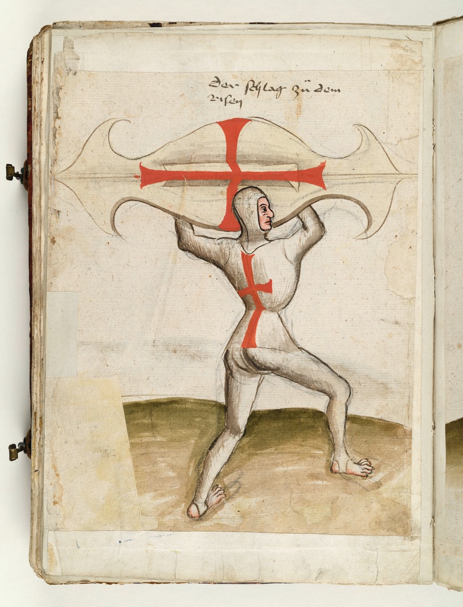 Stoßstellung mit dem waagrechten Stechschild. Fecht- und Ringerbuch der Brüder vom Stain (nach Talhoffer)