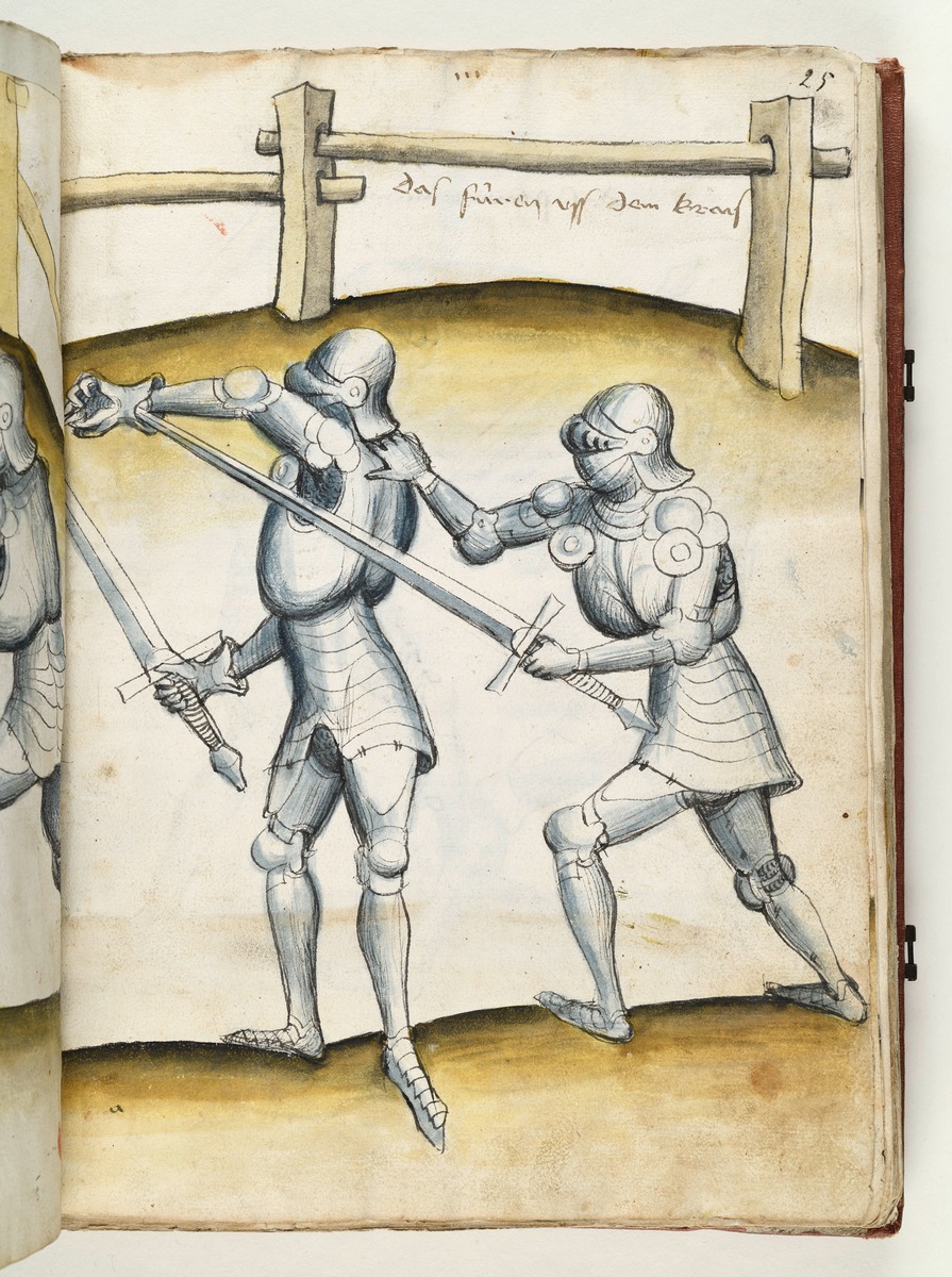 Der eine fasst den andern von hinten am Hals über dem Koller. Fecht- und Ringerbuch der Brüder vom Stain (nach Talhoffer)