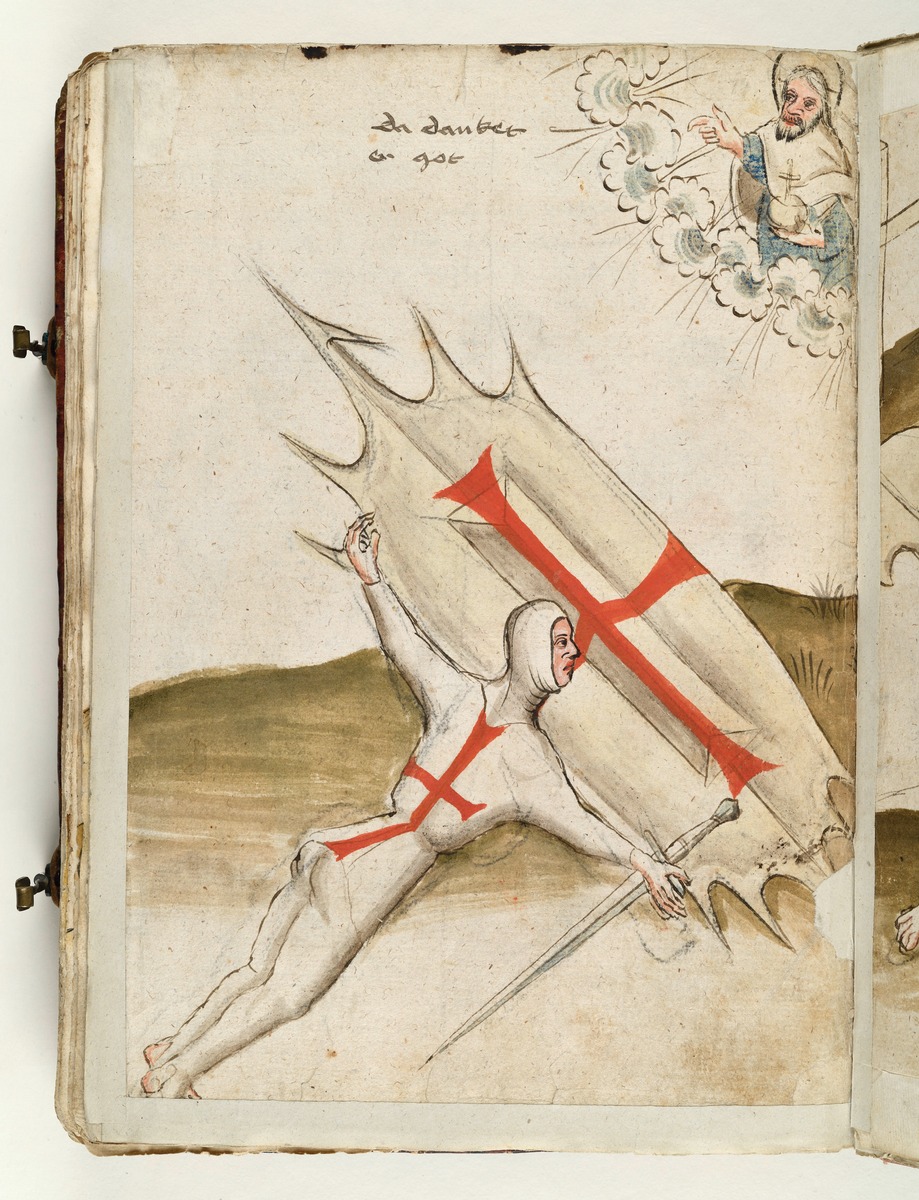 Der Gerichtskämpfer dankt Gott. Sein weißes Kleid trägt ein rotes Kreuz auf Brust und Rücken, ebenso trägt sein oben und unten spitz
auslaufender Stechschild ein rotes Kreuz. Fecht- und Ringerbuch der Brüder vom Stain (nach Talhoffer)