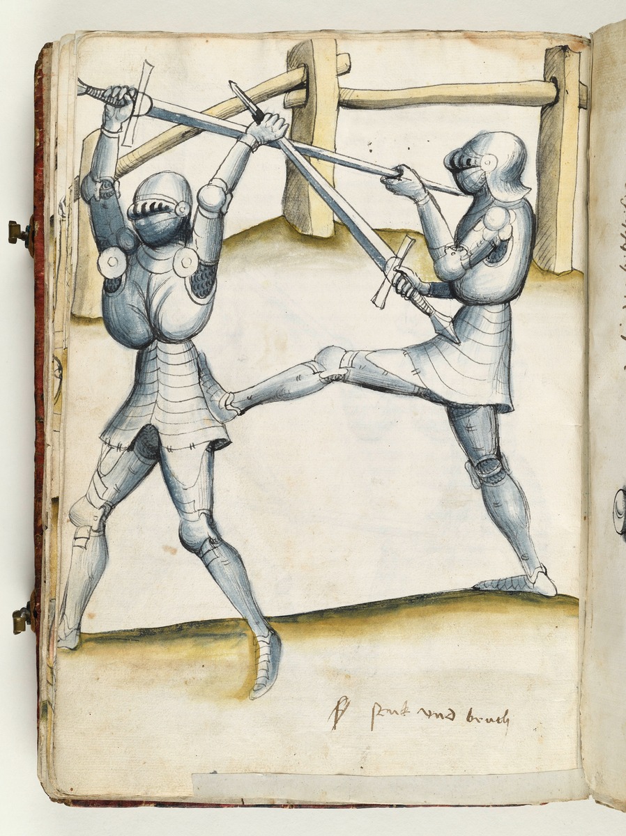 Der eine befreit sich vom andern durch eine Wendung und durch Treten mit dem Fuß. Fecht- und Ringerbuch der Brüder vom Stain (nach Talhoffer)