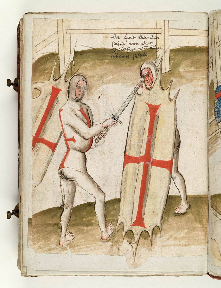 Der eine hat den Schild fortgeworfen und sticht dem andern das Schwert über dessen Schild ins Gesicht. Fecht- und Ringerbuch der Brüder vom Stain (nach Talhoffer)