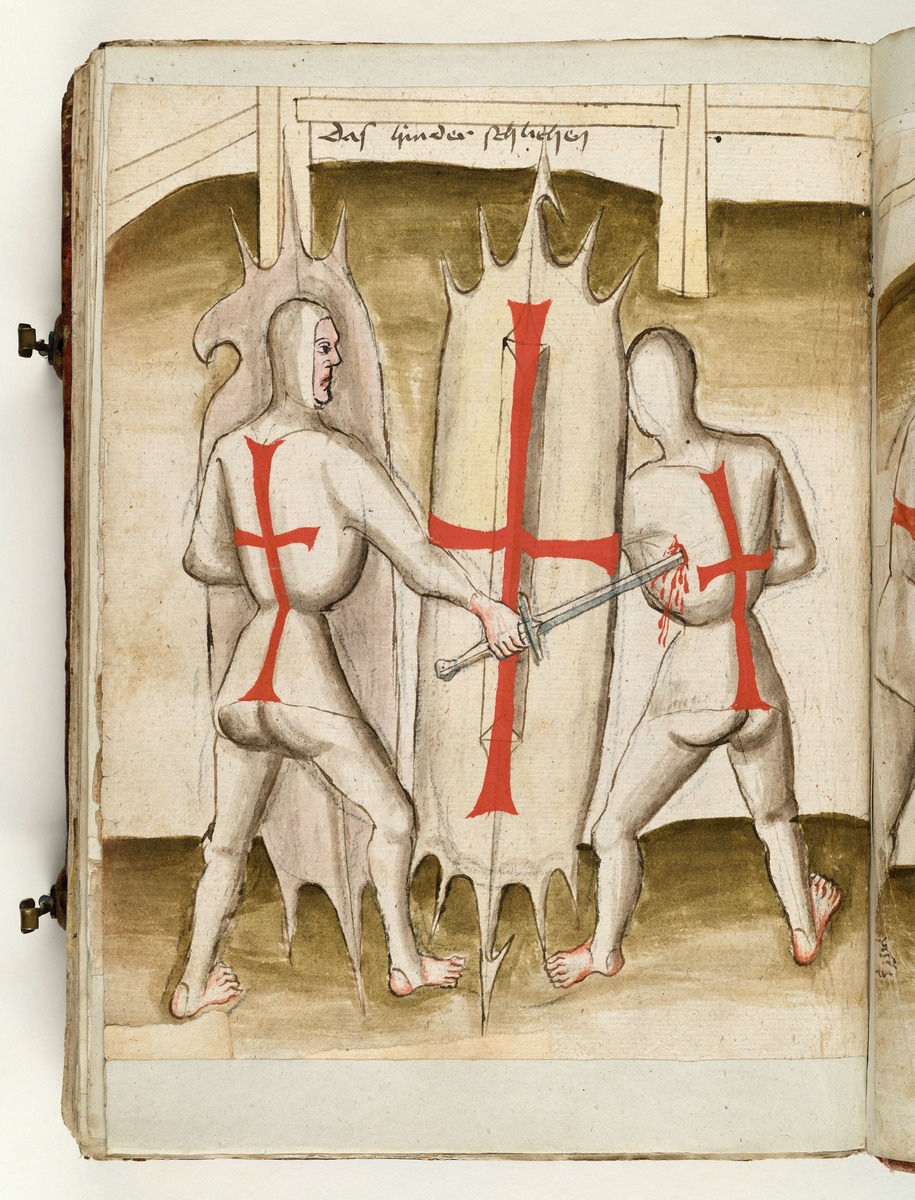 Der eine hat den andern von hinten erreicht und sticht ihm das Schwert in den Rücken. Fecht- und Ringerbuch der Brüder vom Stain (nach Talhoffer)
