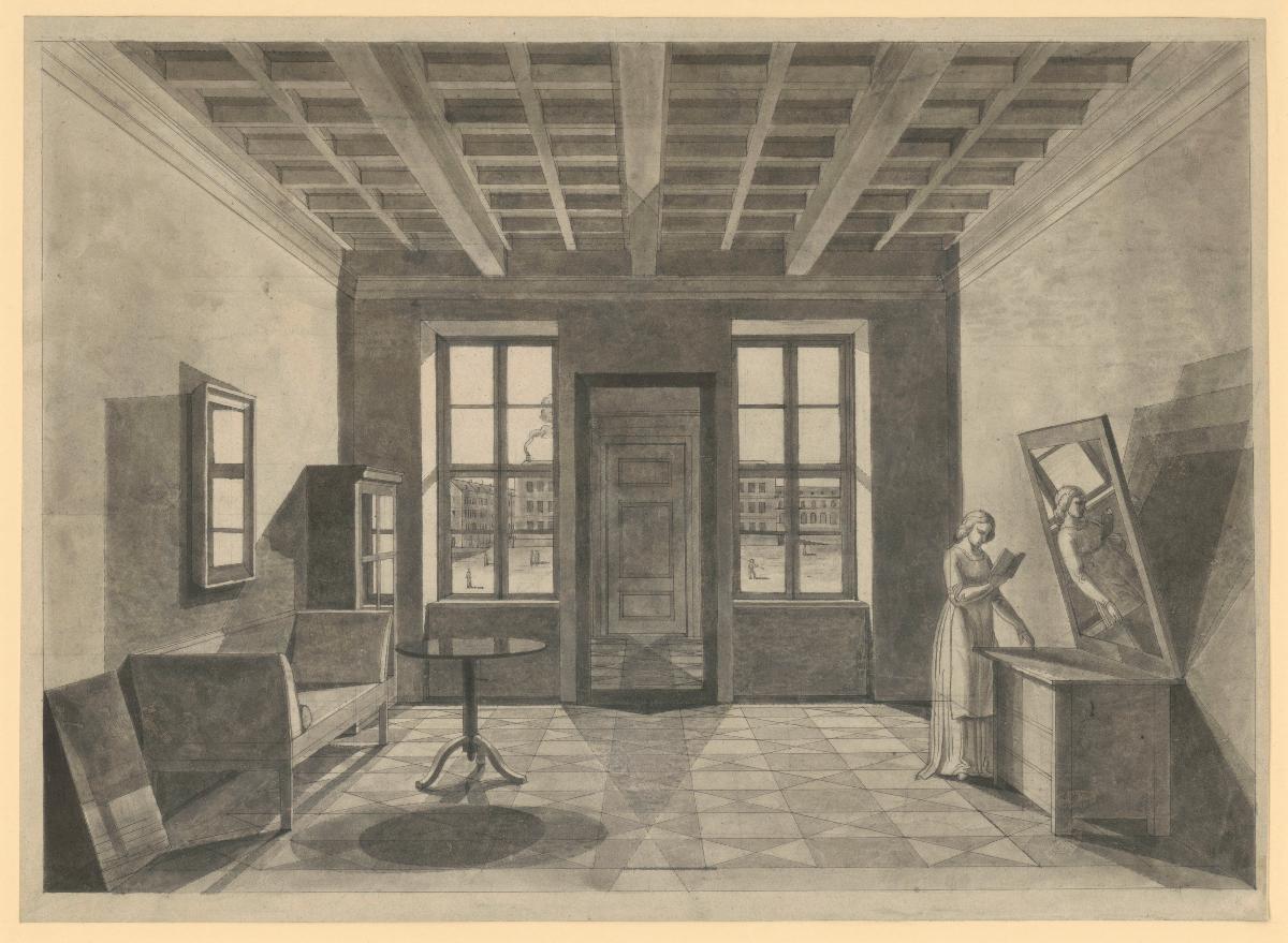 Inneres eines Wohnhauses mit Ausblick auf einen Platz