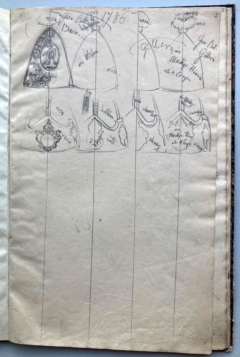 "Eigenhändige Zeichnungen aller Grenadier und Füsilier=Mützen, welche auf dem Montirungs-Depot aufbewahrt werden". 10 Blatt Zeichnungen in einem Buch gebunden