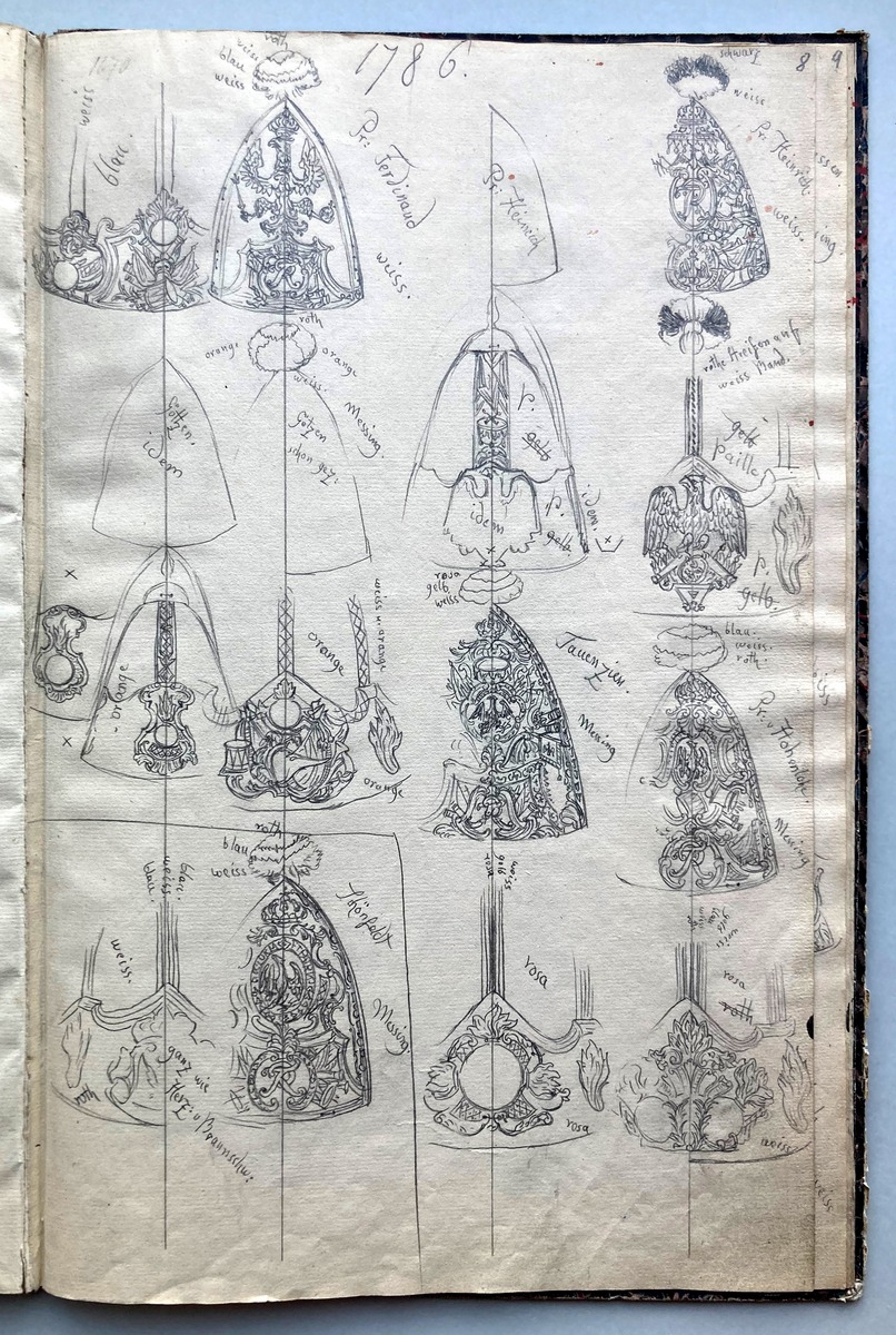 "Eigenhändige Zeichnungen aller Grenadier und Füsilier=Mützen, welche auf dem Montirungs-Depot aufbewahrt werden". 10 Blatt Zeichnungen in einem Buch gebunden