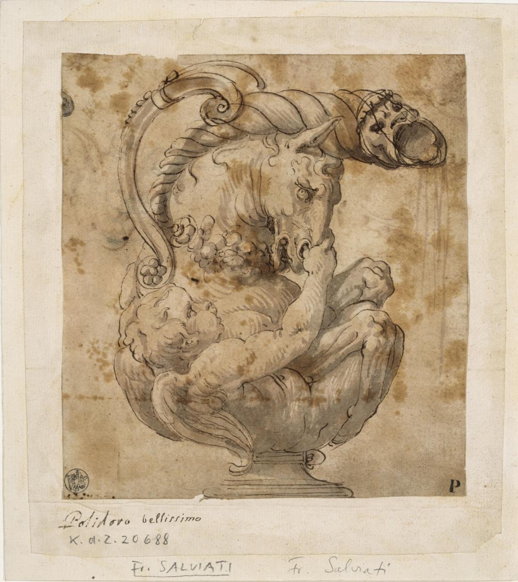 Kanne in Form einer figürlichen Szene (Putto hält schnaubendes Pferd an den Nüstern) mit Tülle in Form eines Horns und einer Maske am Ausguß, seitlich ein geschwungener Henkel