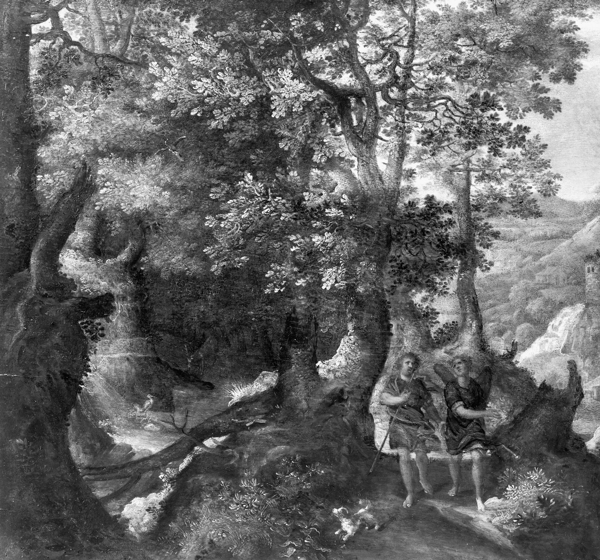 Waldige Landschaft mit Tobias und dem Engel