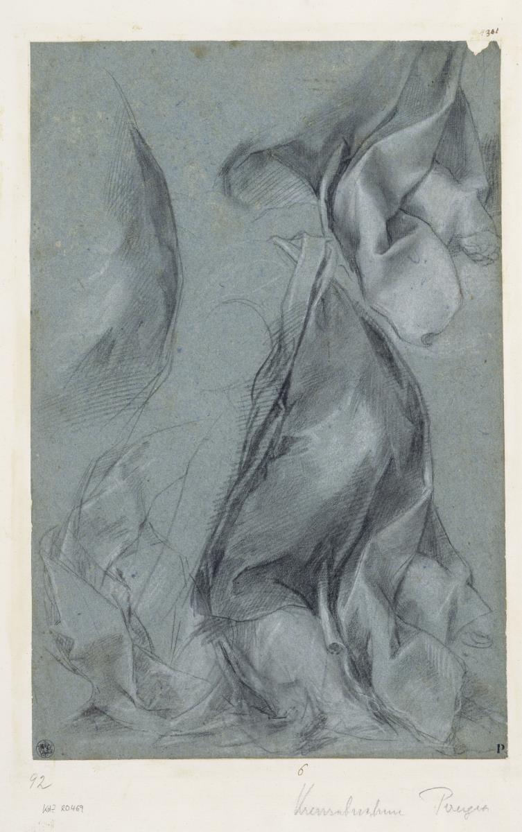 Draperie für die Gestalt der Maria, die die Muttergottes stützt im Gemälde der Kreuzabnahme in der Capella di San Bernardino im Dom von Perugia