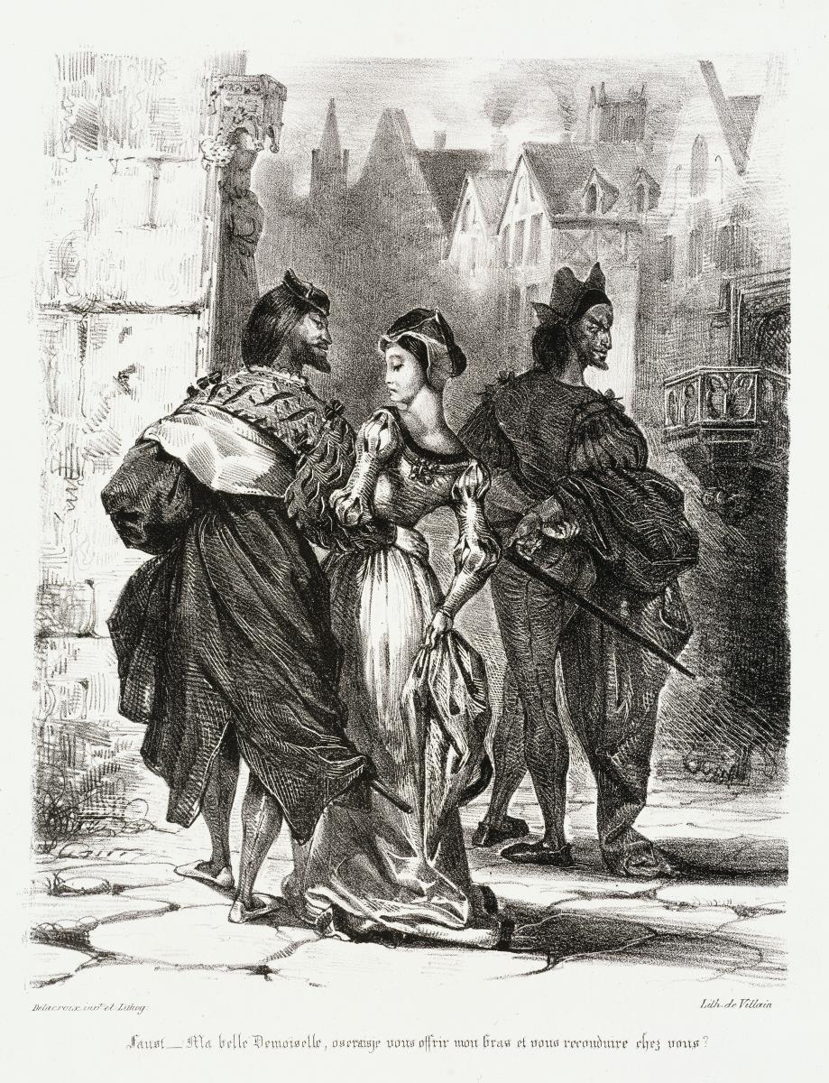Faust versucht Gretchen zu verführen / Faust cherchant à séduire Marguérite. Illustration zu Goethe: Faust