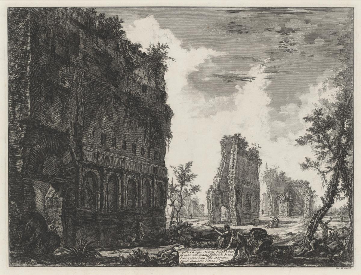 Ansicht der Überreste der Umgebung der antiken Gebäude an einem der Plätze der Villa Hadriana, heute Piazza d'Oro genannt (aus: Vedute di Roma)