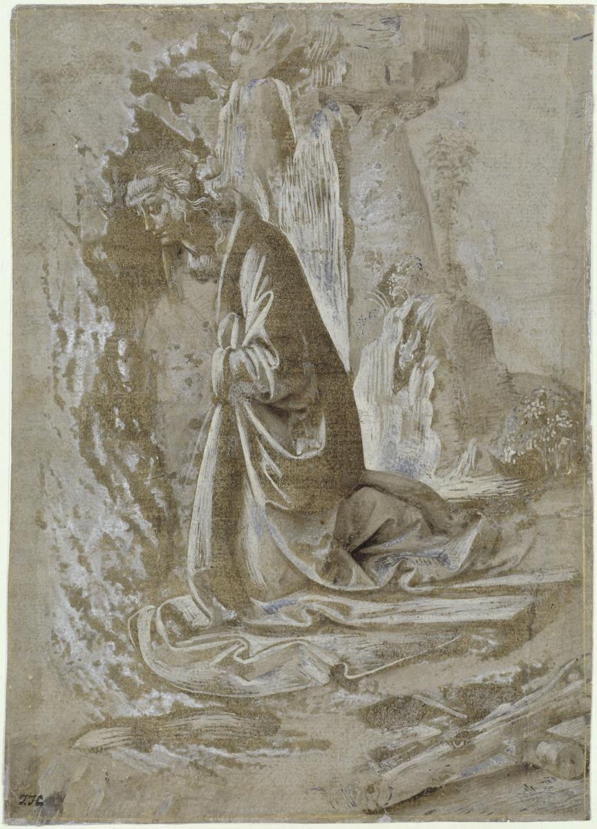 Madonna, kniend, in einer Landschaft
