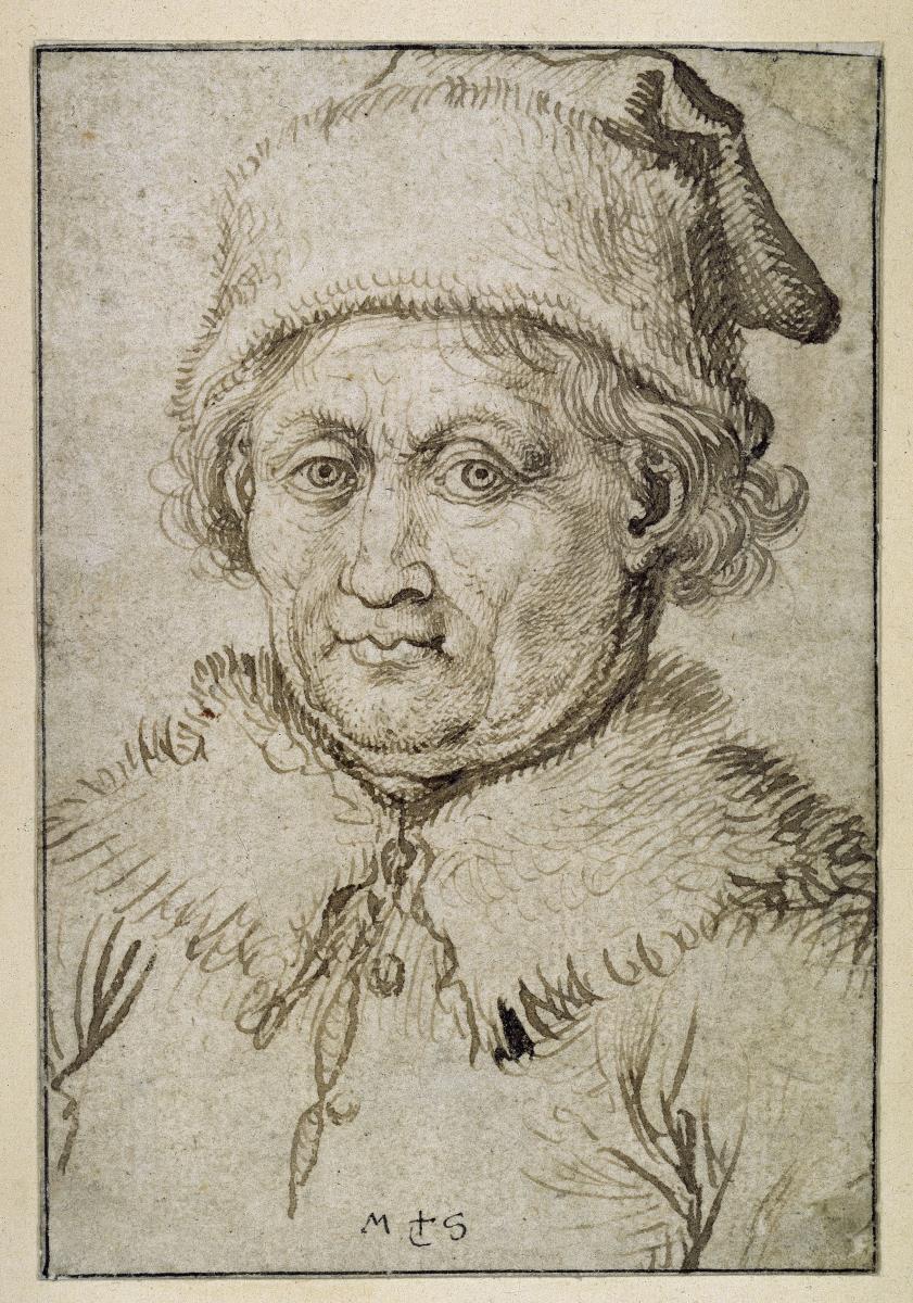 Brustbild eines alten Mannes mit Pelzkragen und Pelzmütze