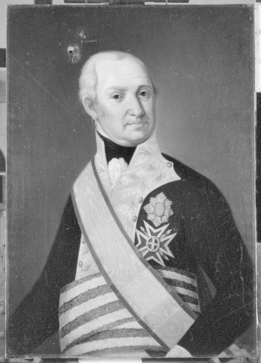 Porträt eines Herrn in Uniform mit Brust- und Bauchschärpe