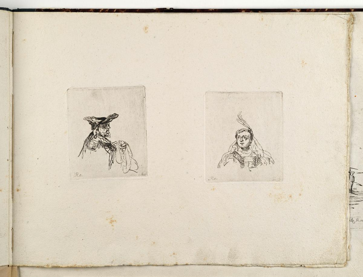 Büste einer Frau mit Hut nach rechts / Büste einer jungen Frau. in: Recueil de differents sujets d’étude gravé d’après les dessins de Rembrandt par D. Laurentz