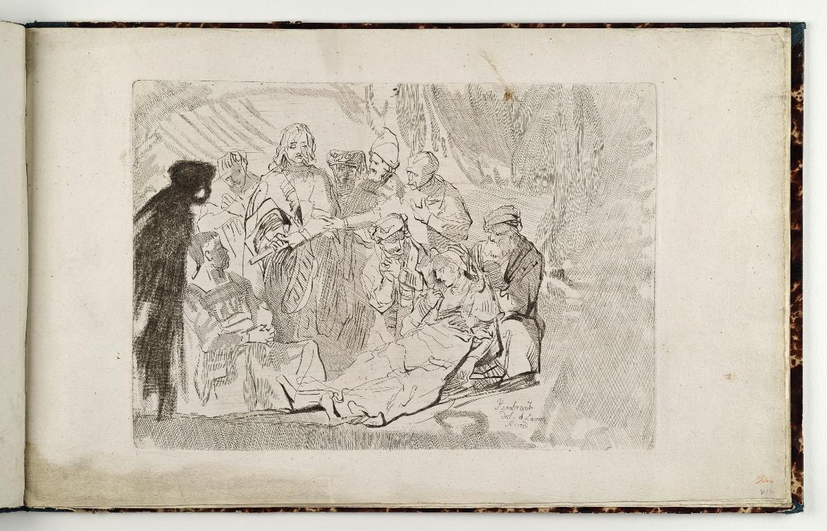 Gruppe um eine sterbende Frau. in: Recueil de differents sujets d’étude gravé d’après les dessins de Rembrandt par D. Laurentz