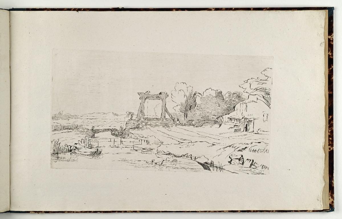 Landschaft mit Hubbrücke. in: Recueil de differents sujets d’étude gravé d’après les dessins de Rembrandt par D. Laurentz