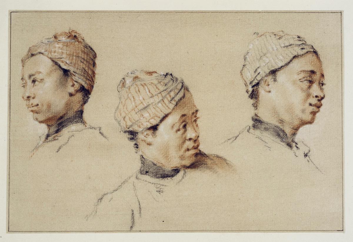 Kopf eines jungen Mannes mit Turban in drei Ansichten