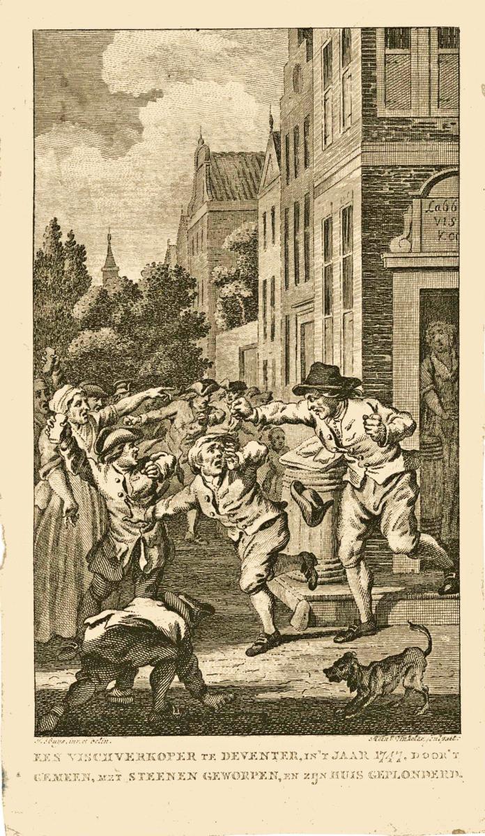 Een Vischverkoper, in't Jaar 1947, Door't gemeen, met Steenen eworpen, en zijn Huis geplonderd. [Fischverkäufer]