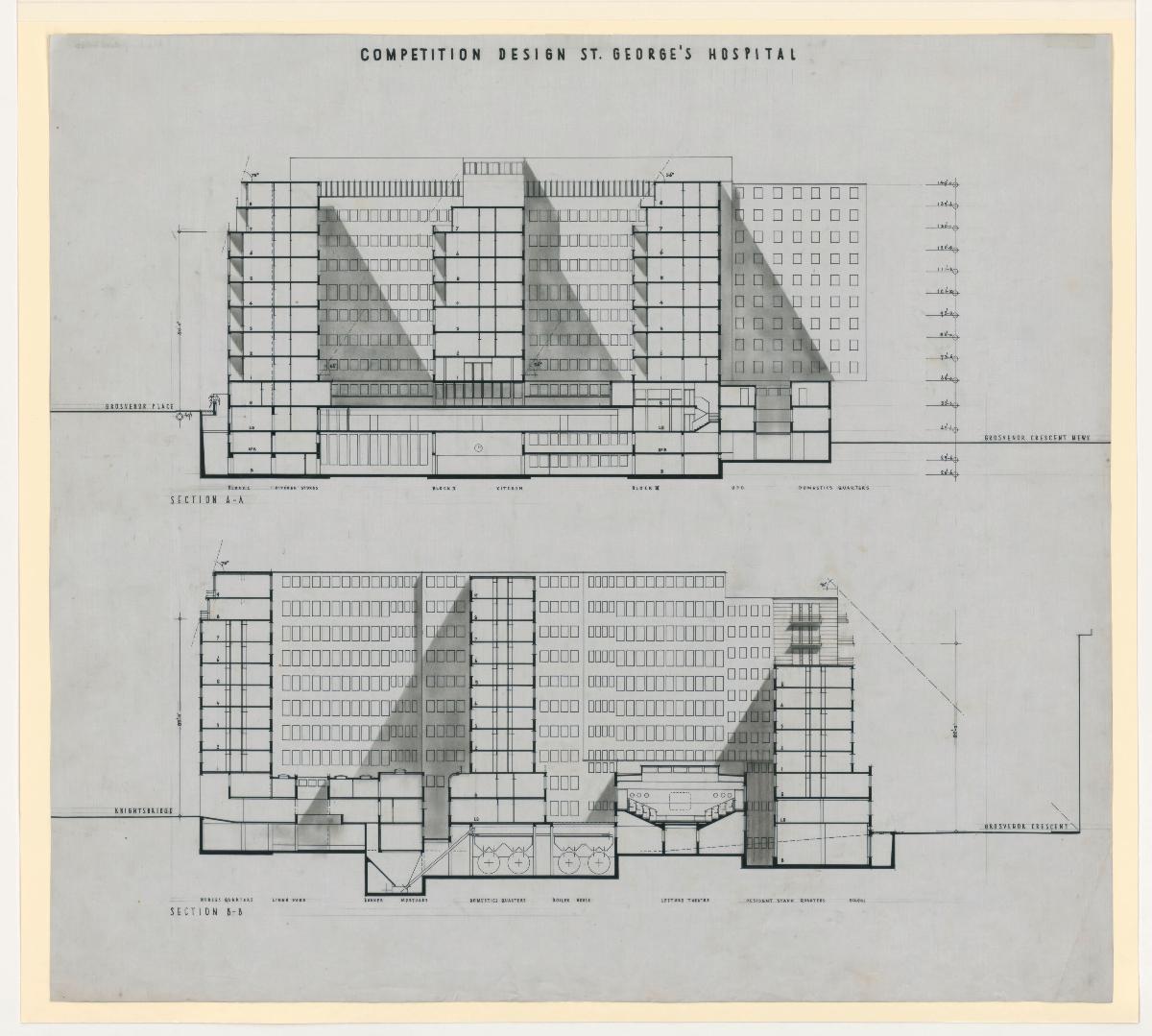 London, Wettbewerbsprojekt. St. George`s Hospital, Hyde Park Corner. Zwei Schnittansichten - Querschnitt und Längsschnitt