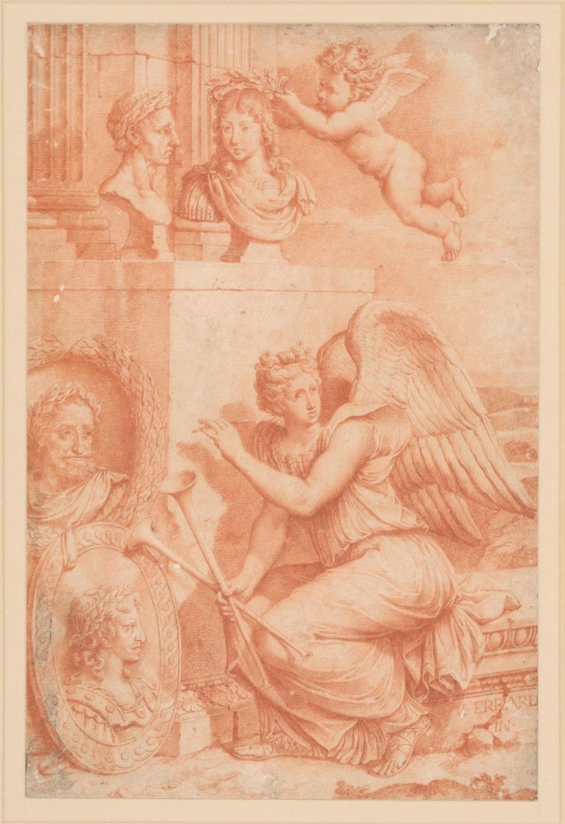 Entwurf für eine Buchillustration / Vorlage zum Titelkupfer" Paralléle de LÁrchitecture", Paris 1666, hg. von Roland/ Fréart de Chambray