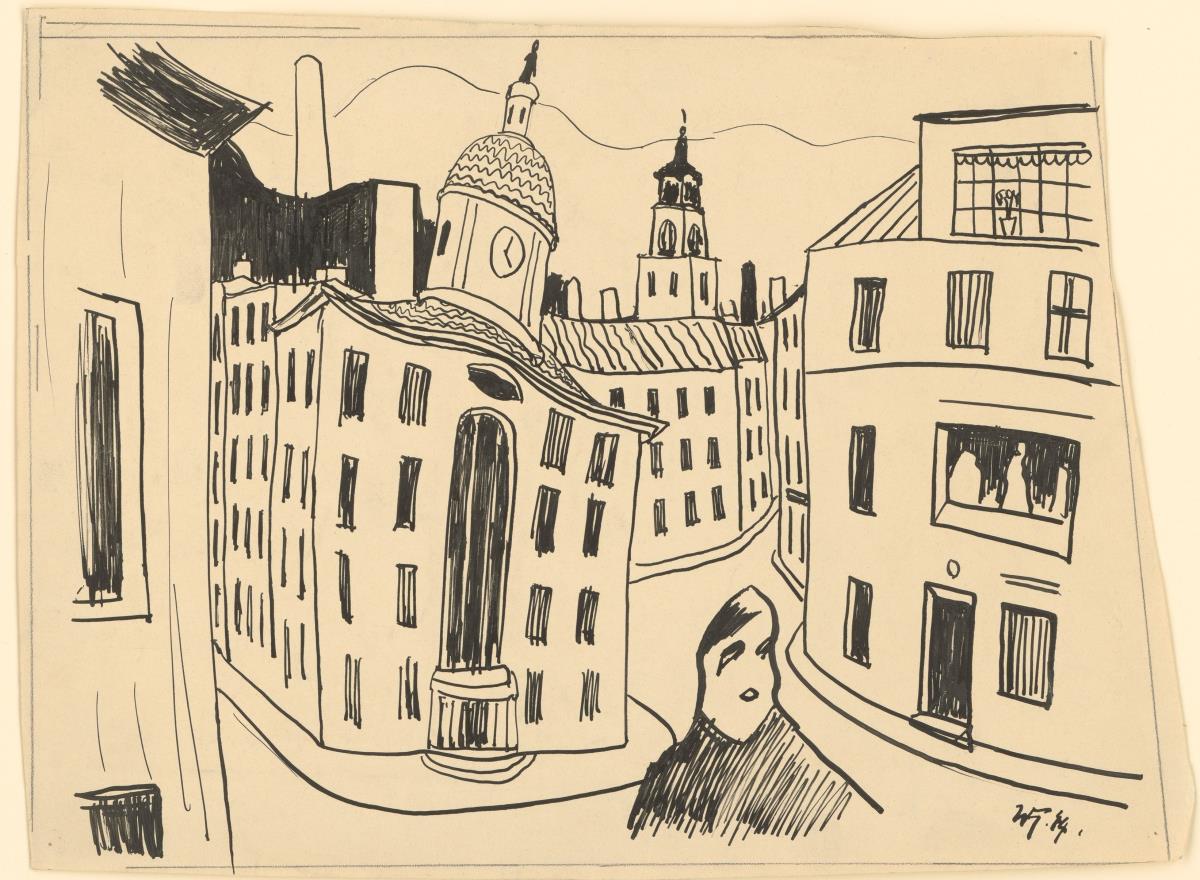 Straße mit Kirche und Vordergrundfigur