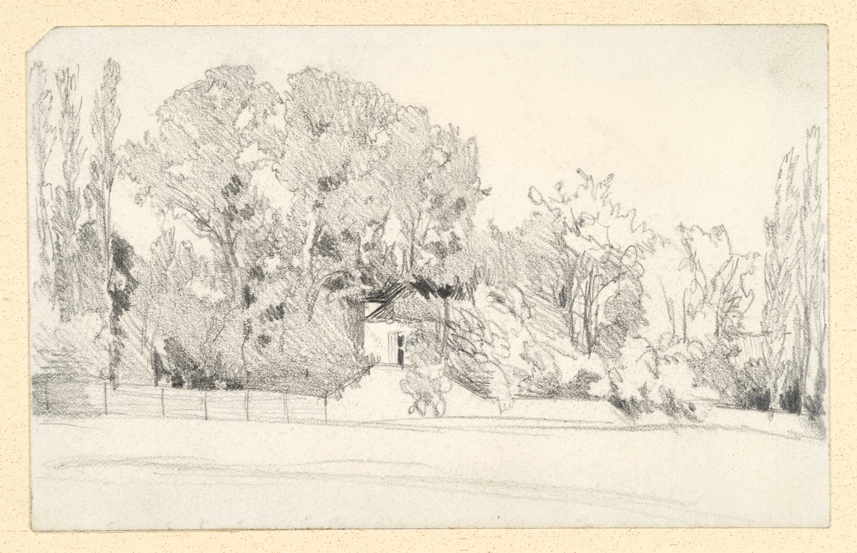 Garten mit Bäumen, Häuschen und Bretterzaun