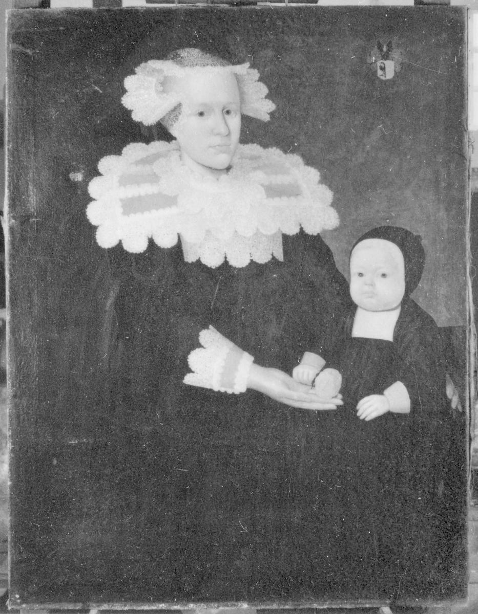 Porträt einer Frau mit spitzenbesetzter Flügelhaube, Spitzenkragen und einem Kind auf dem Schoß
