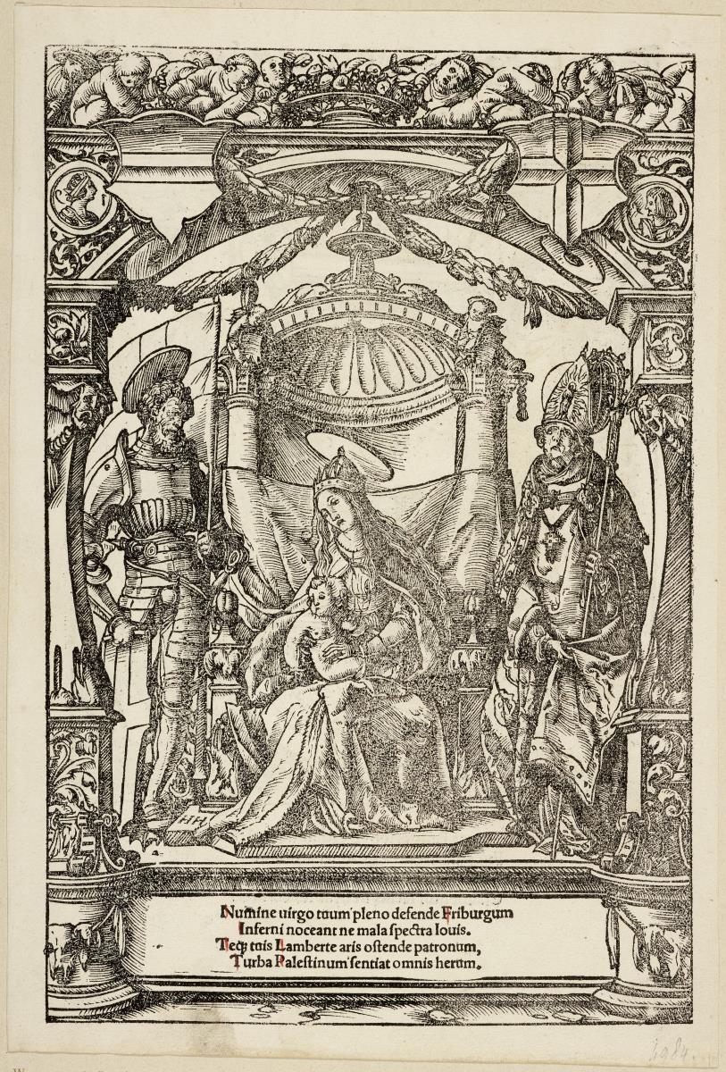Maria mit Kind zwischen den Schutzheiligen der Stadt Freiburg i. Br., Georg und Lambrecht