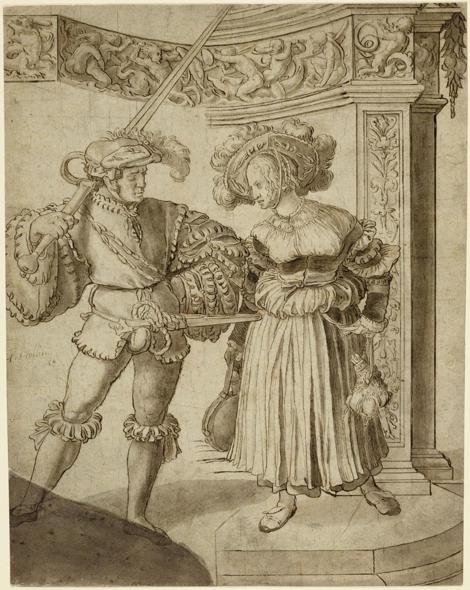 Landsknecht und Marketenderin in reliefgeschmückter Nische