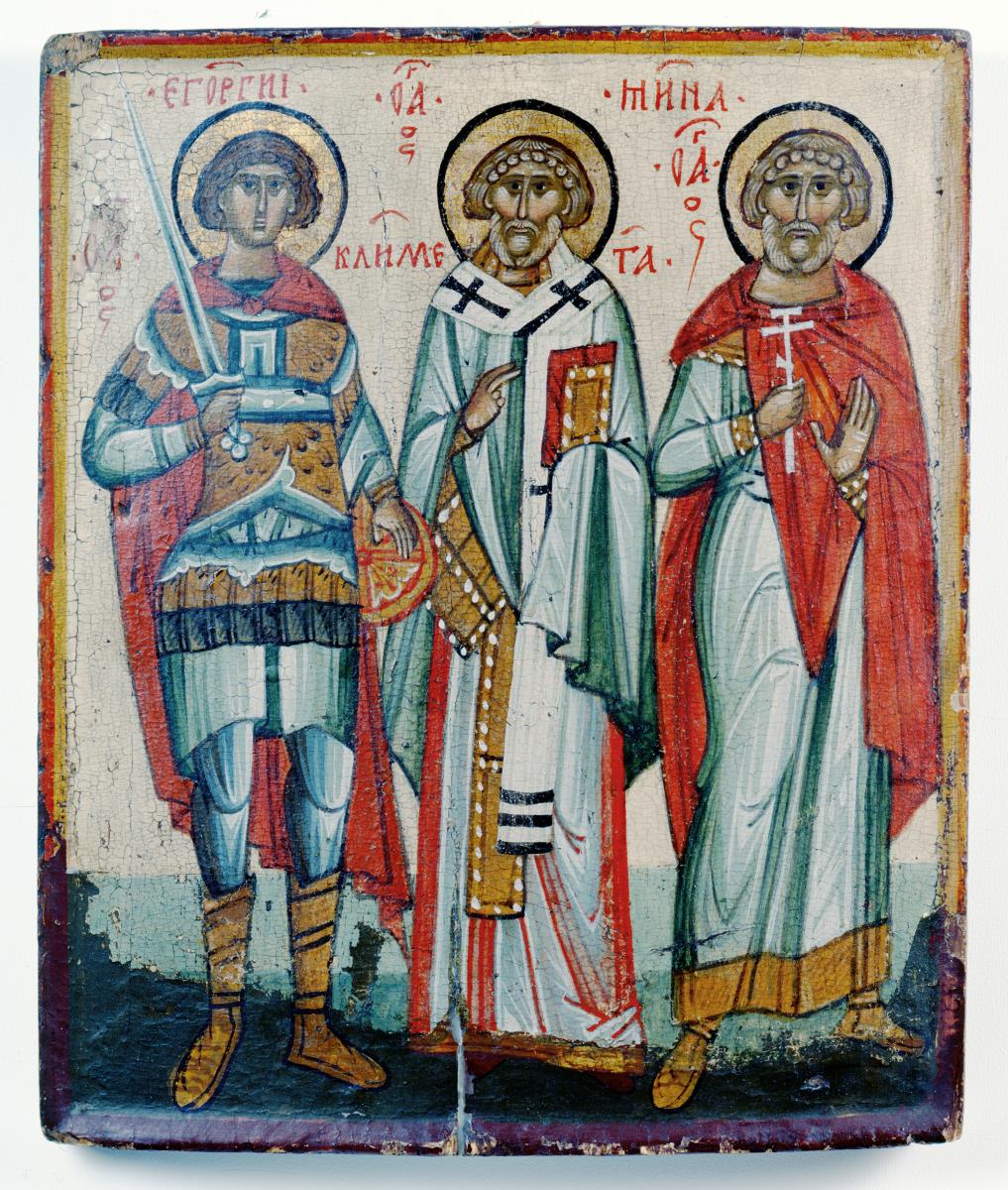 Ikone mit den Heiligen Georg, Klemens und Menas