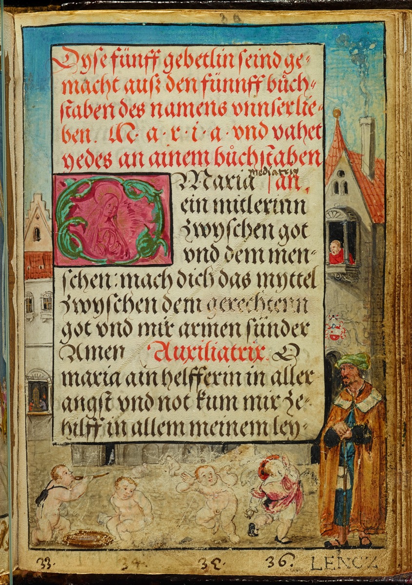 Gebetbuch des Matthäus Schwarz. Textseite, in der Umrandung vier Putti, numeriert 33-36, sowie Häuser einer Stadt und Figur (Lencz)